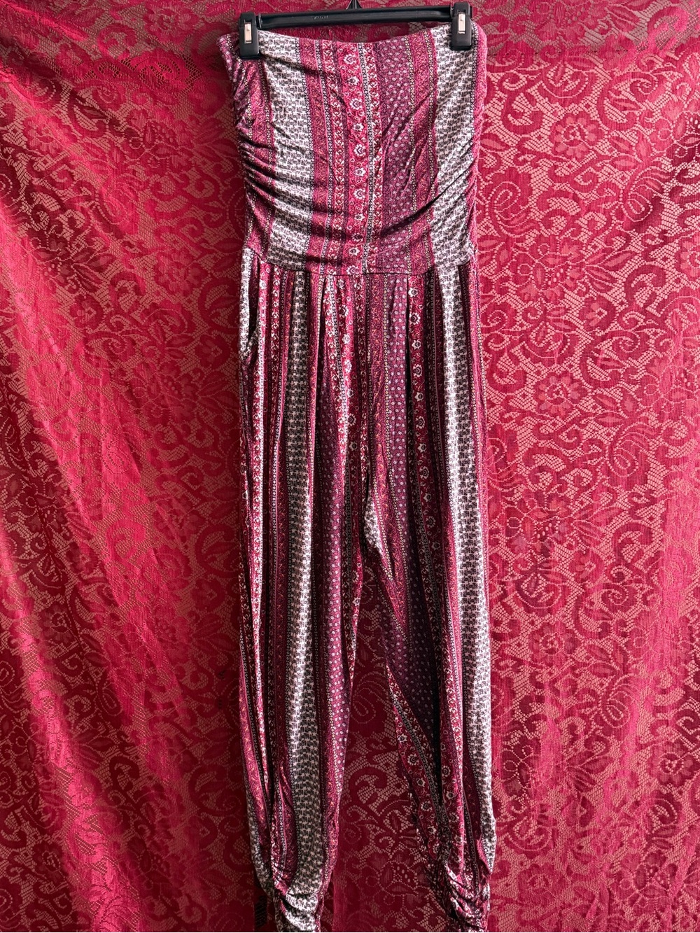 ADC Strapless Boho Print Ruched Jumpsuit Burgundy Patchwork Medium